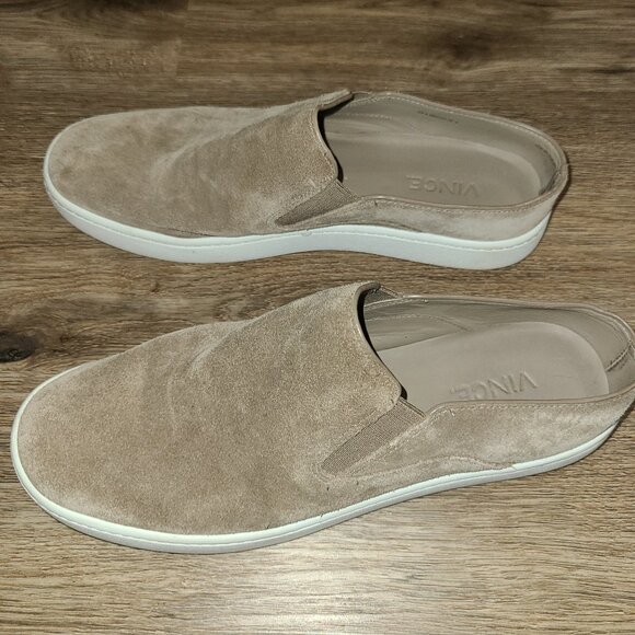 VINCE women 6.5 M Suede Mule Sneaker Verrell-2 Shoes Slip-On Tan Beige - Picture 2 of 7